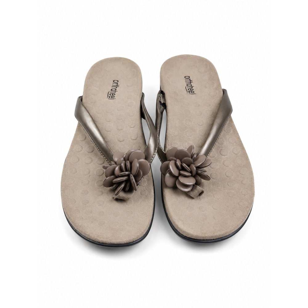 Orthaheel Fleur Bronze Metallic Floral Orthotic Thong Flip Flops Women's Size 8